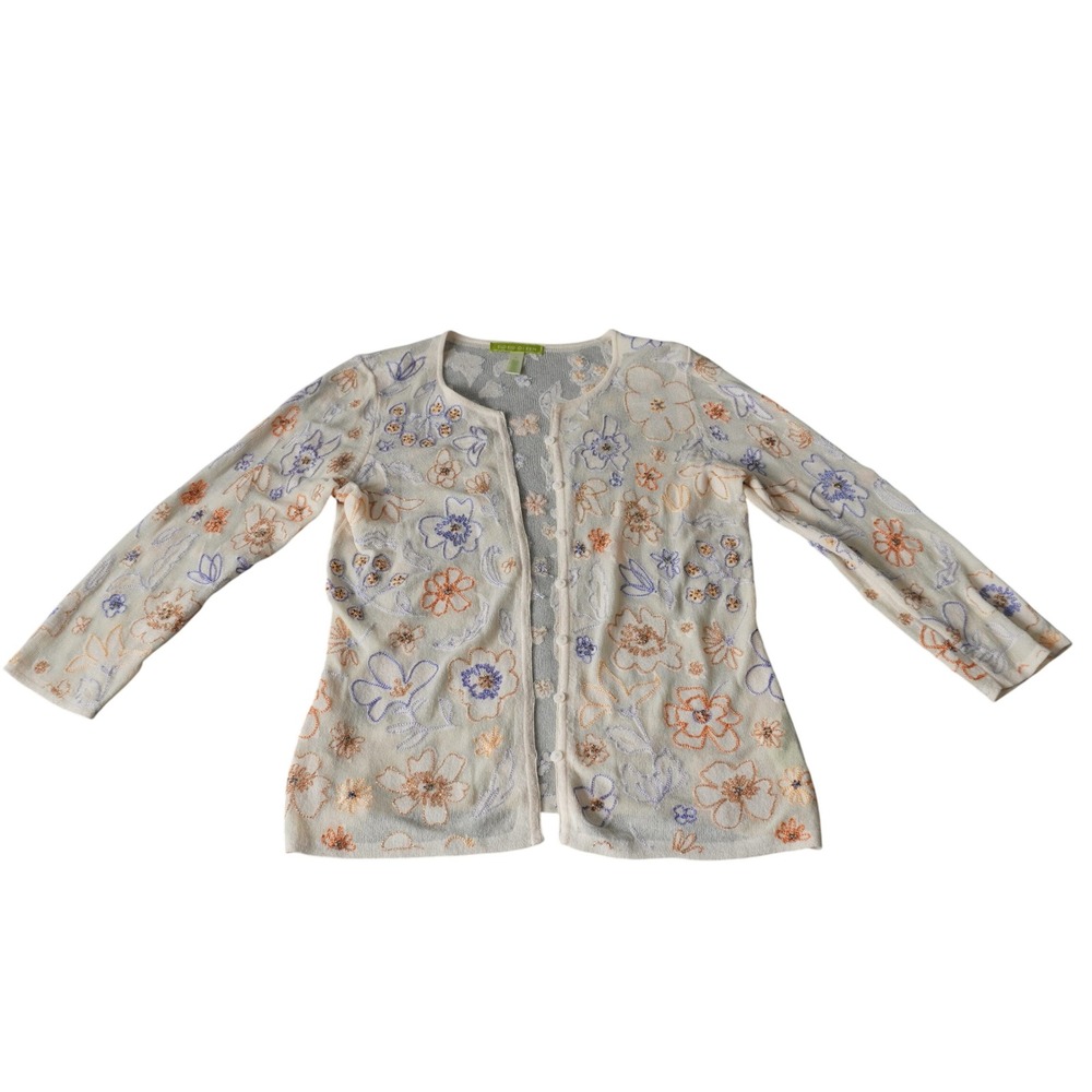 Sigrid Olsen Floral Embroidered Cardigan Sweater Lightweight Layering